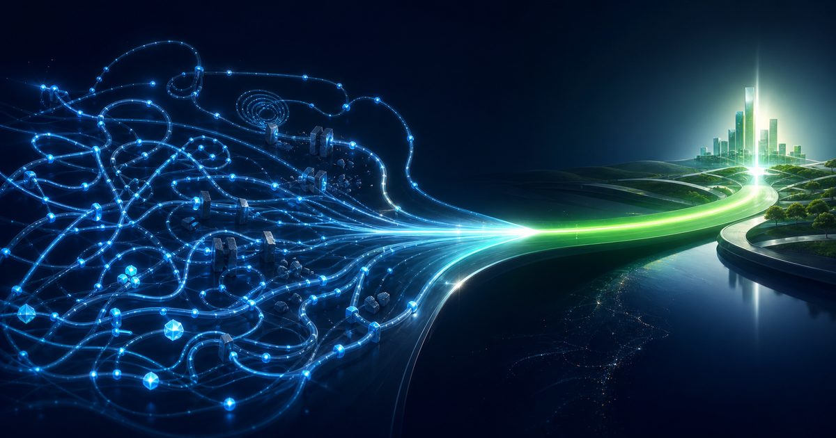 Rutas de datos dispersas que convergen en un camino directo desde meses a días